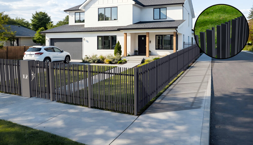 Moderne Zäune aus Aluminium in Anthrazit mit vertikalen Lamellen in den Größen 60x20, 40x20 und 20x20 mm vor einem weißen Einfamilienhaus.