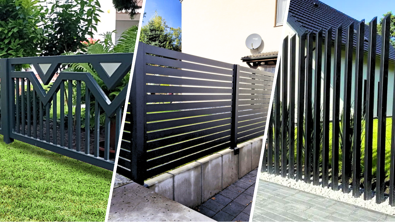 Eine Collage aus drei verschiedenen Zaunsystemen von Moderne Zäune: links ein individuelles Design mit geometrischen Mustern, in der Mitte ein moderner horizontaler Aluminiumzaun und rechts ein eleganter vertikaler Palisadenzaun. Die maßgefertigten, langlebigen Profile demonstrieren die vielfältigen Designmöglichkeiten und die hohe Qualität der rostfreien Aluminiumzäune.“