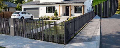 Moderne Zäune aus Aluminium in Anthrazit mit vertikalen Lamellen in den Größen 60x20, 40x20 und 20x20 mm vor einem weißen Einfamilienhaus.